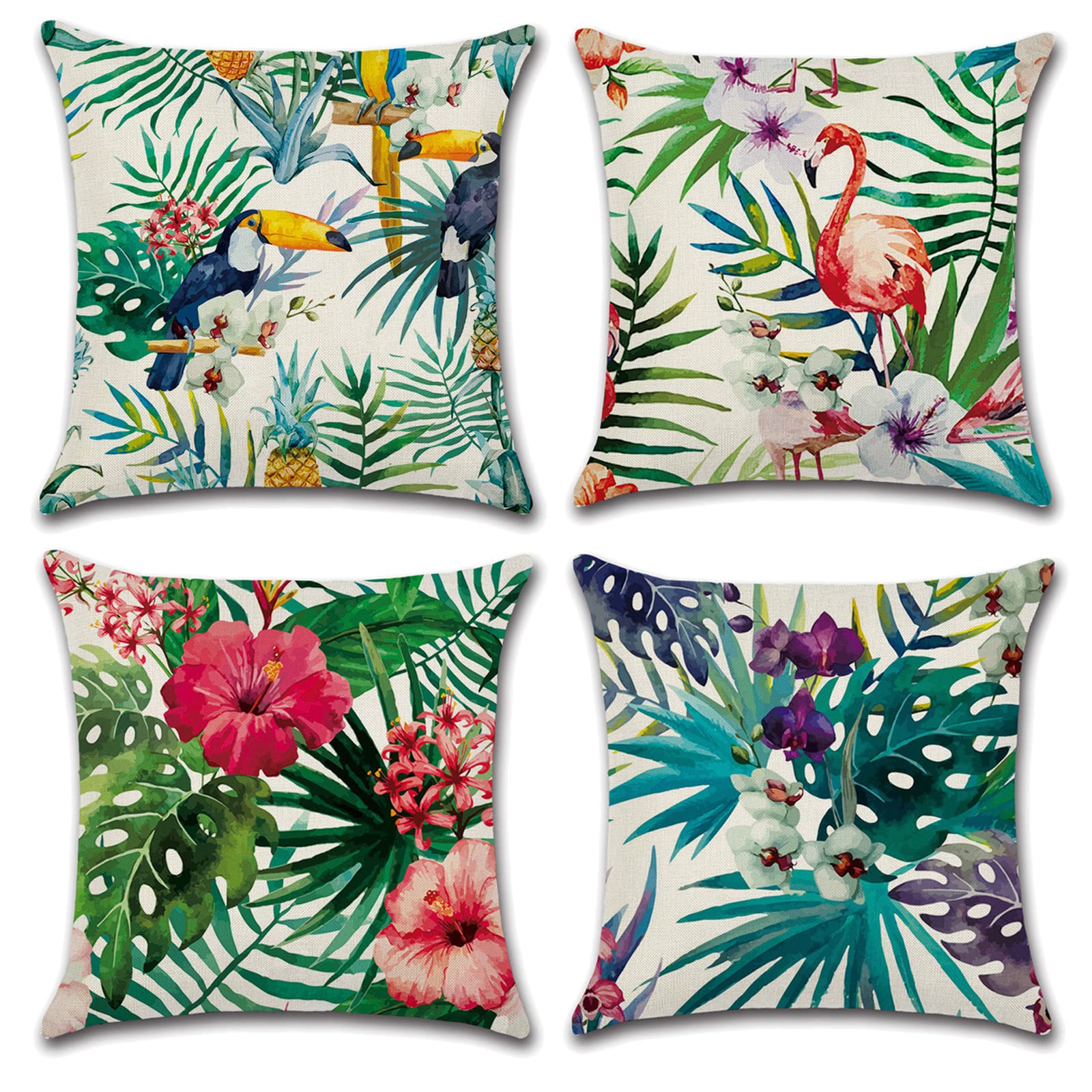OCEUMACO Linen Cushion Covers 45 x 45 cm for Sofa Garden Set of 4 Jungle Leaves Floral Throw Pillow Cases 18x18 Inches Outdoor Green Tropical Leaf Birds Pillowcases Cushions Cover - Colourful