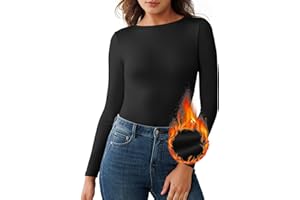 QOMEWA Women's Thermal Long Sleeve Shirts Crew Neck Slim Fit Thermal Underwear Fleece Lined Thermal Base Layer Shirts