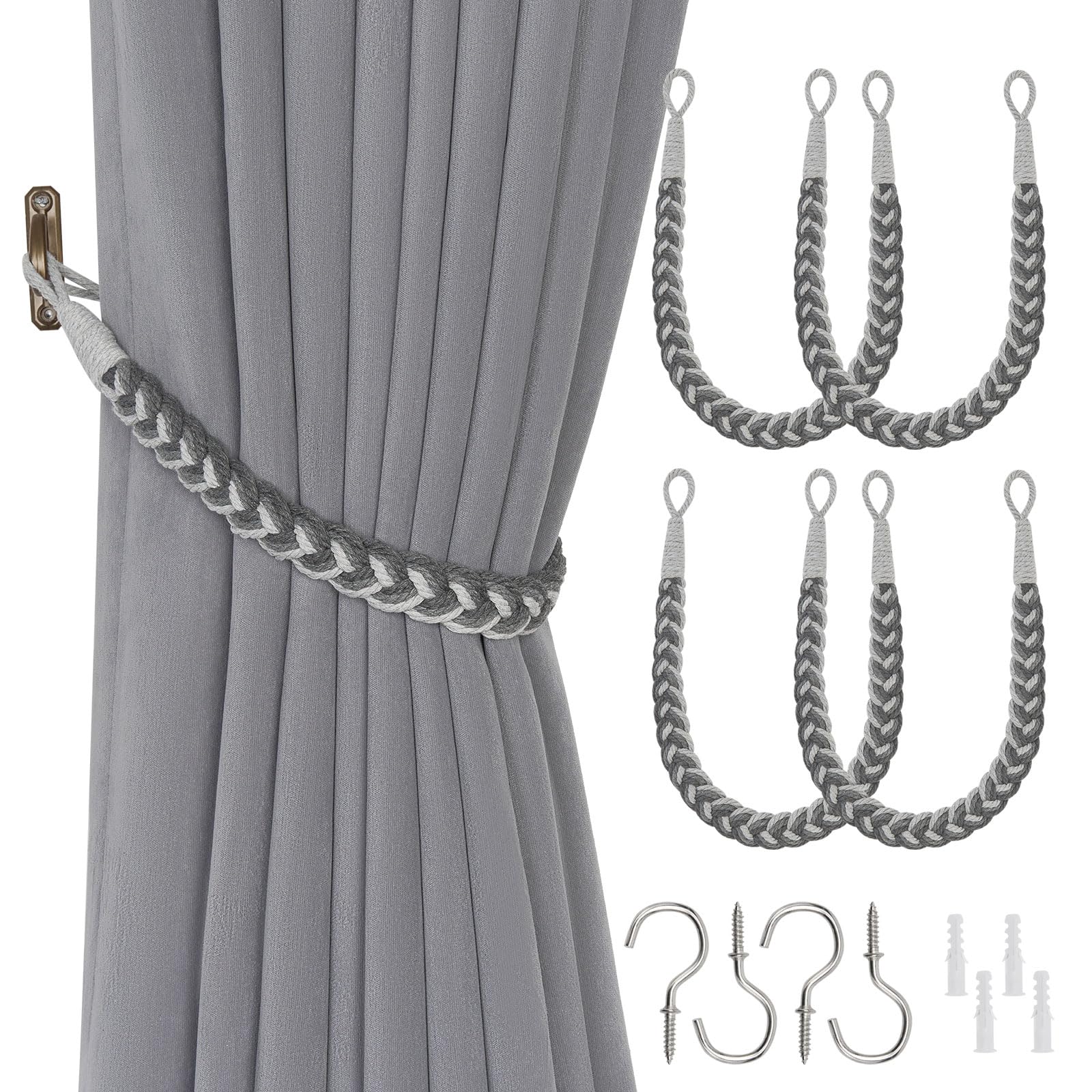 Pretty Jolly 4 Pack Natural Cotton Rope Curtain Tiebacks Elegant Boho Style Decorative Drape Tie Backs Soft Hand-Woven Rope Curtain Holdbacks with Metal Hook for Home Office Drapery (Gradient Grey)