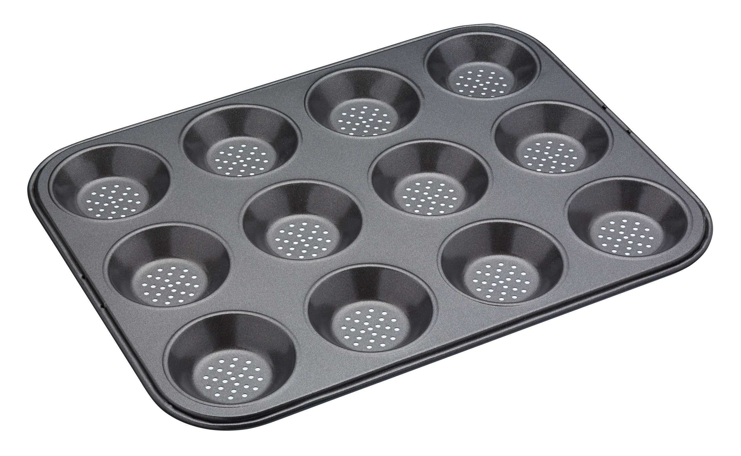 MasterClass Crusty Bake Perforated Mince Pie Baking Tray with PTFE, PFOA and BPA Free Non Stick, Robust 1mm Thick Carbon Steel, 32 x 24cm 12 Hole Tart Tin, Grey