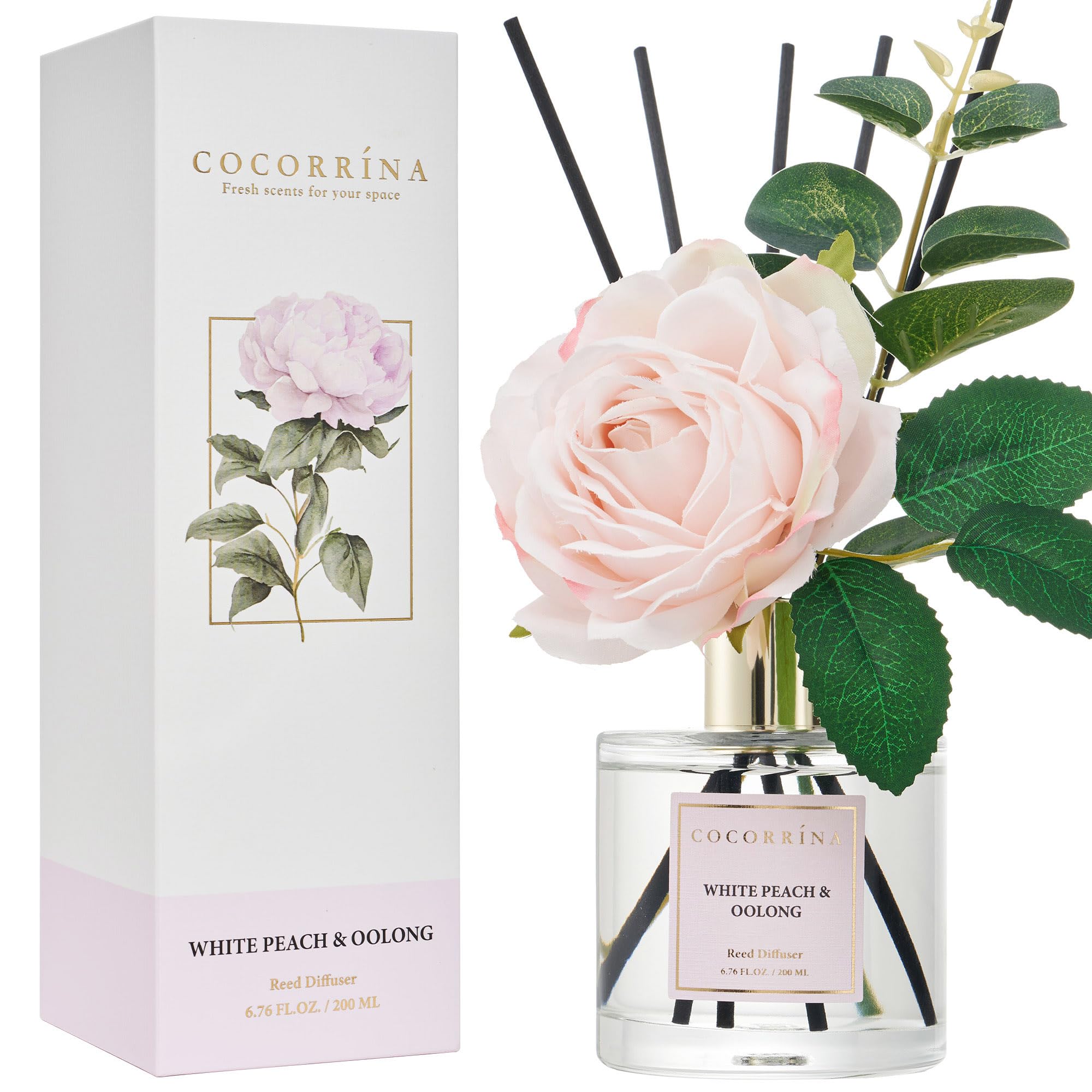 Photo 1 of Cocorrína Flower Reed Diffuser - White Peach& Oolong 6.7oz Scented Diffuser with Sticks Home Fragrance Essential Oil for Bathroom Shelf Decor (Artificial Flower)