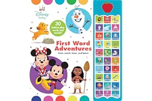 Disney Baby Mickey Mouse, Minnie, Frozen, Moana, and More! - First Word Adventures: Point, Match, Listen, and Learn! 30-Button Sound Book - Great for First Words - PI Kids