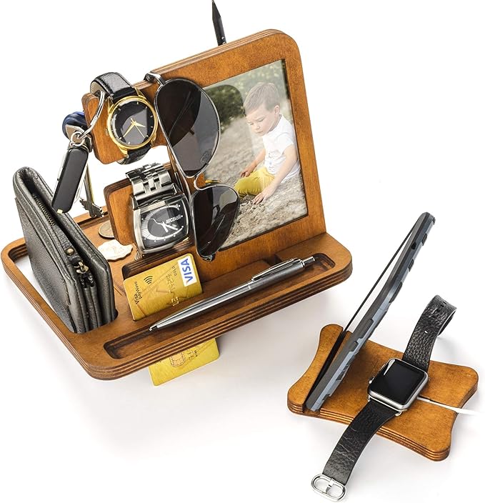 Amazon Com Wooden Docking Station Nightstand Organizer For Men Phone Tablet Watch Holder Charging Station Handmade Anniversary For Men S Fathers For Him For Husband From Wife Present For Dad Electronics