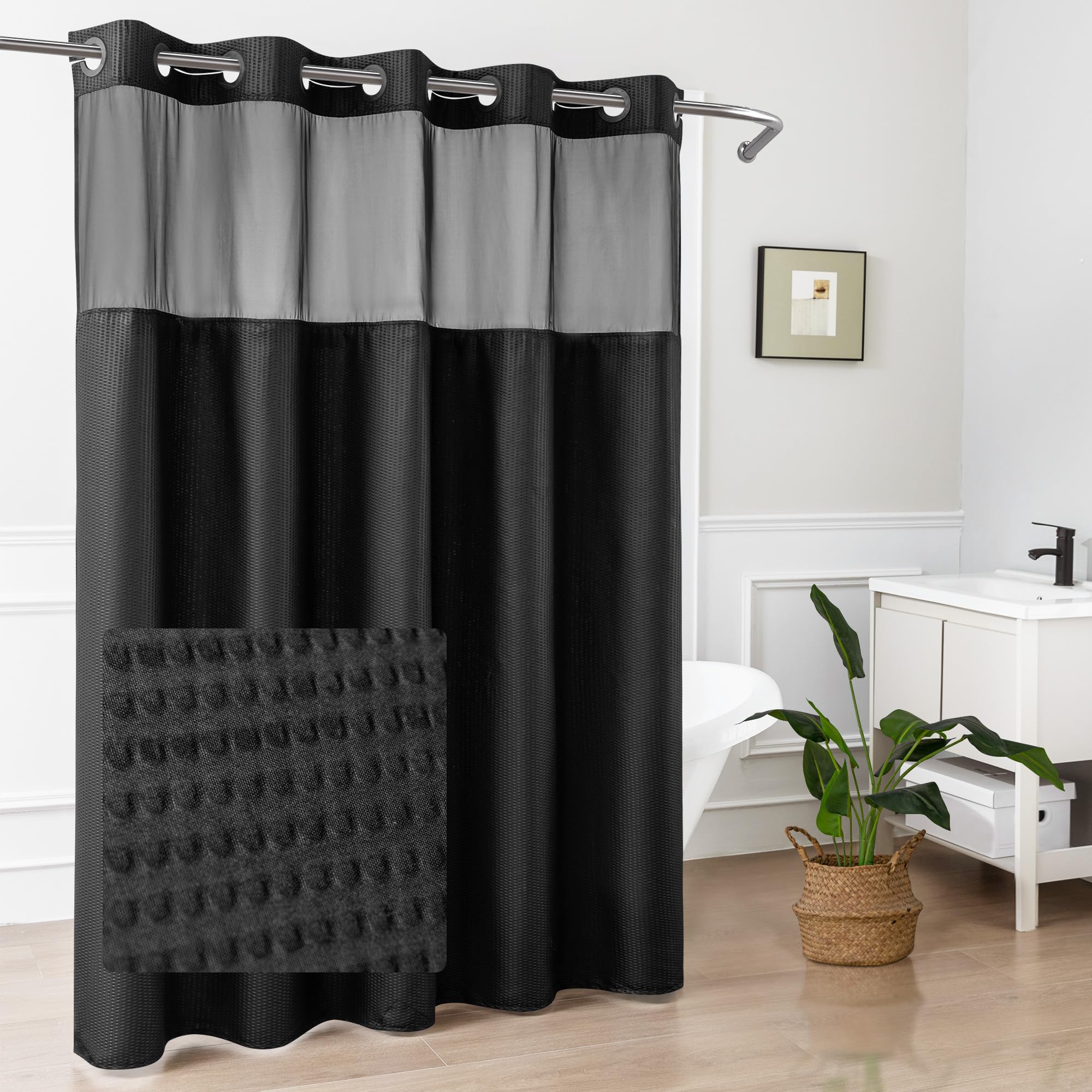Mrs Awesome No Hook Shower Curtain with Snap-in Liner Less Time On/Off, Embossed Waffle-Look Textured Fabric Shower Curtain for Bathroom, Soft & Lightweight, 71x74, Black