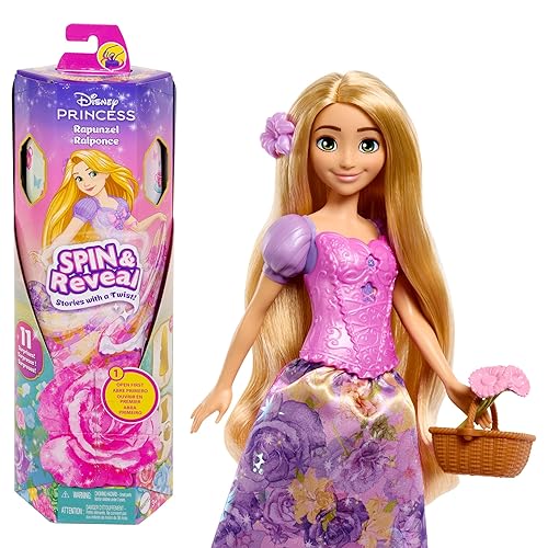 Mattel Disney Princess Rapunzel Fashion Doll Set, Spin & Reveal with 11 Surprises Including 5 Accessories, 5 Stickers & Play Scene, Inspired by Movie, HTV86