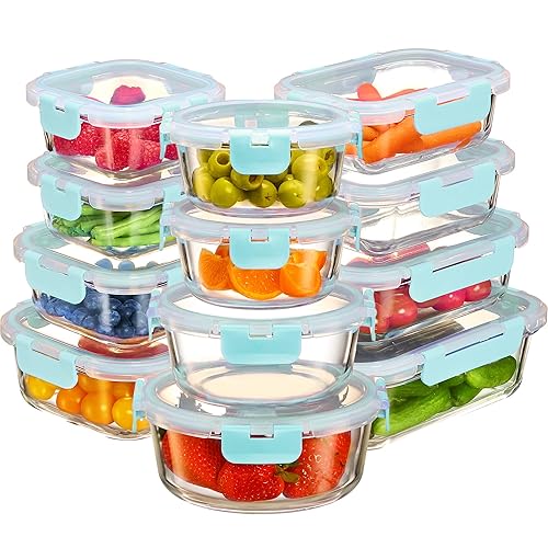 FineDine 24 Piece Glass Storage Containers with Lids - Leak Proof, Dishwasher Safe Glass Food Storage Containers for Meal Prep or Leftovers, Teal
