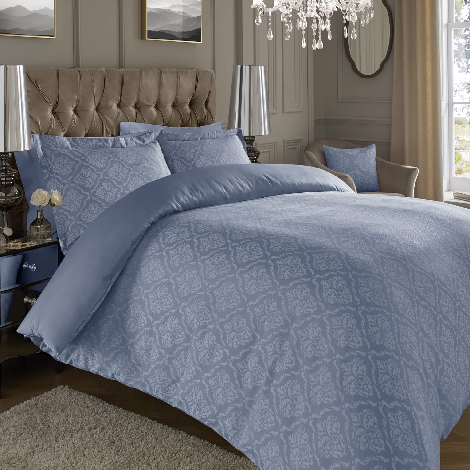 ED Luxury 600 Thread Count Jacquard Duvet Cover 3 Piece Set Super Soft Cotton Rich & Warm Bedding Damask Pattern Quilt Cover (Super King, Blue Ornamental)