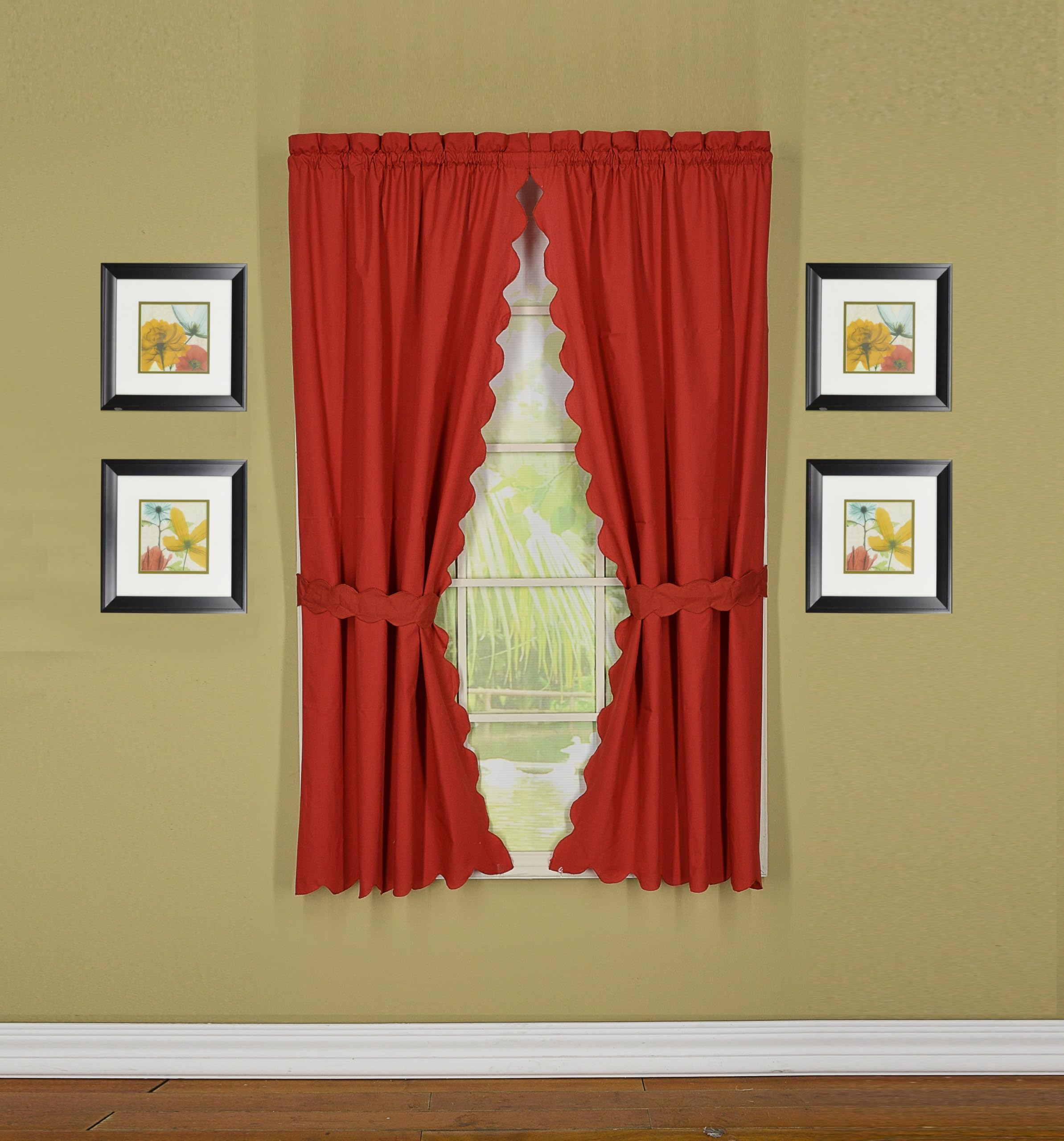 Today's Curtain Orleans 63" Panel Pair with Tiebacks Tambour Scallop Edge Curtain, Brick Red, 60" W x L (Pack of 1)