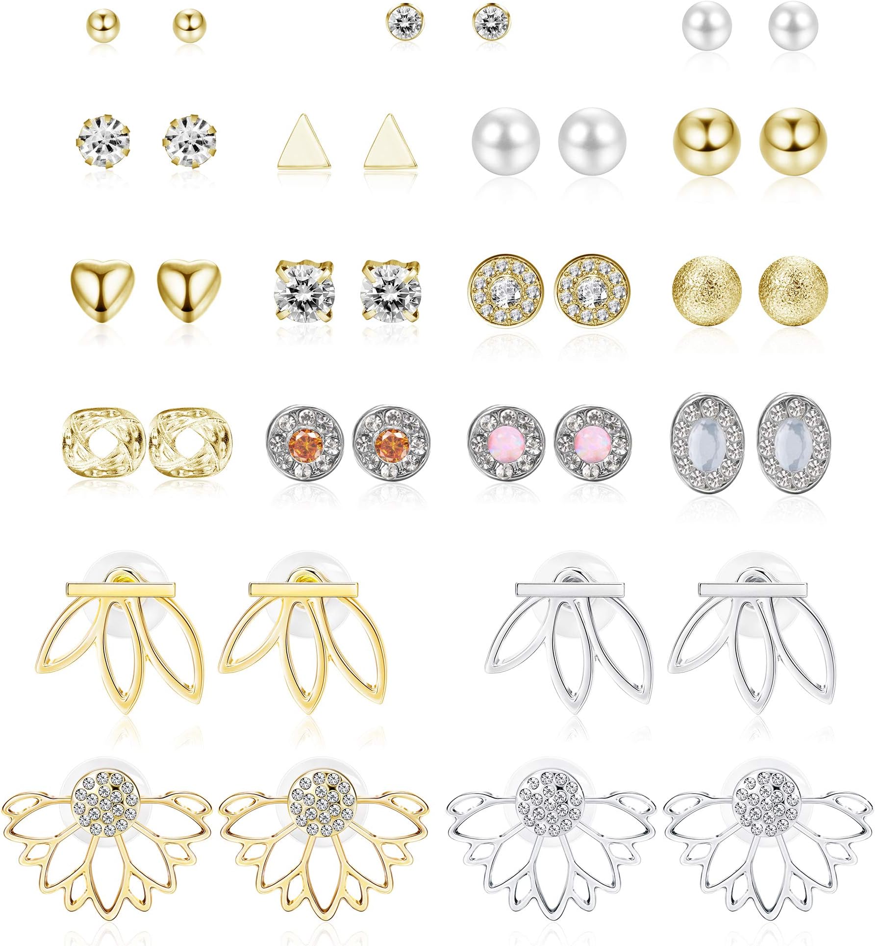 19 Pairs Multiple Lotus Flower Ear Jacket Earrings for Women Girls Minimalism CZ Studs Cute Faux Pearl Geometric Vintage Earrings