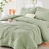 HYMOKEGE Light Green Full Size Comforter Sets Seersucker 7 Pieces, All Season Luxury Bed in a Bag for Bedroom, Bedding Set with Comforters, Sheets, Pillowcases & Shams