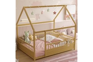 Bellemave Full Size Montessori Floor Bed with High Fence, Roof and Door, Wood Montessori Bed Full Size, House Beds for Kids, Girls, Boys,Natural