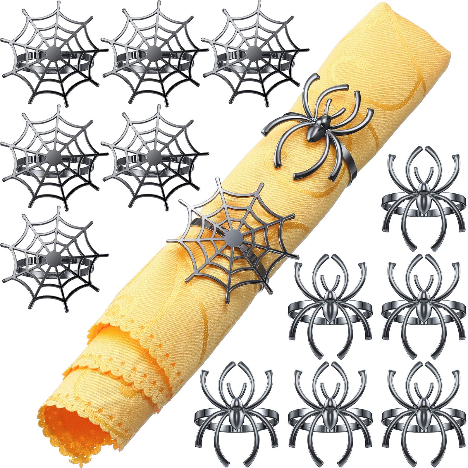 Photo 1 of 12 Pieces Spider Napkin Rings Halloween Napkin Ring Spider Web Napkins Rings Set Metal Spooky Napkins Holder Serviette Buckle Party Supplies for Halloween Dinning Costume (Black,Without Rhinestone)