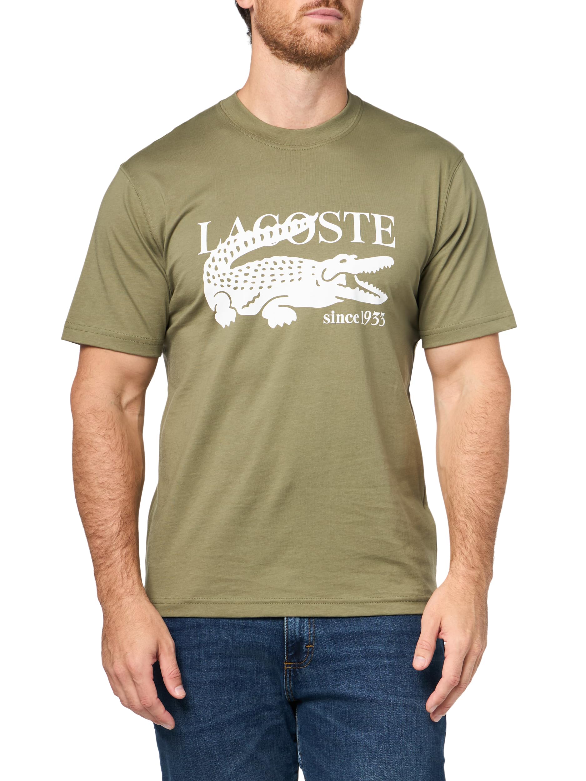 Lacoste Mens Crew Neck Short Sleeve Classic Fit Branding T-Shirt, Khaki, Large