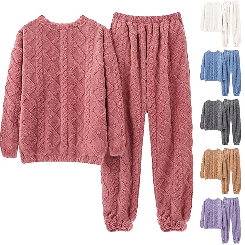 Winter Pyjamas For Women Uk Warm Thicken Soft Fuzzy Fleece Pajamas Long Sleeve Pullover Tops And Pants 2 Piece Lounge Set Christmas Pajamas Fluffy Flecee Pjs For Women Nightwear Loungewear Set