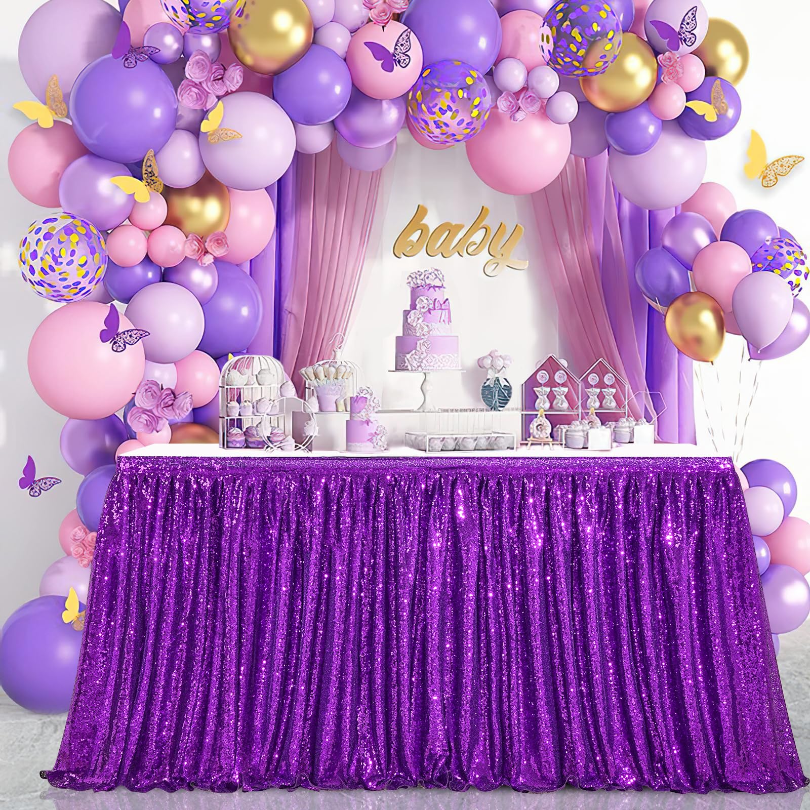 Purple Sequin Table Skirts for rectangle tables 6ft