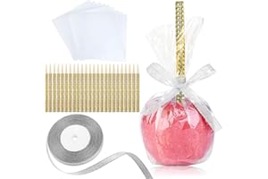 MGWOTH 24 Pack Bling Candy Apple Sticks and Bags Kits, Caramel Apple Wooden Skewers,Food Bamboo Decorative Sticks for Rice krispie Treats Cookie Cake Pops Corn Dogs with Glass Wrapper Glitter Ribbons Tie