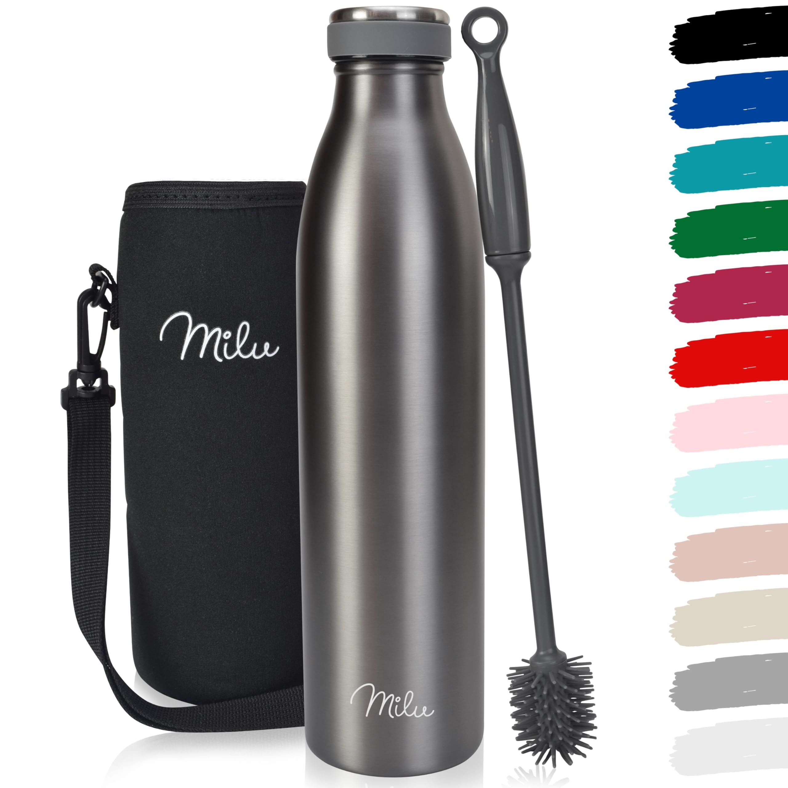 Milu Stainless Steel Drinking Bottle 1000 ml - Insulated Thermo Flask for Water - Leak Proof, Insulated and Double Walled, Carbonated (Grey, 1L)