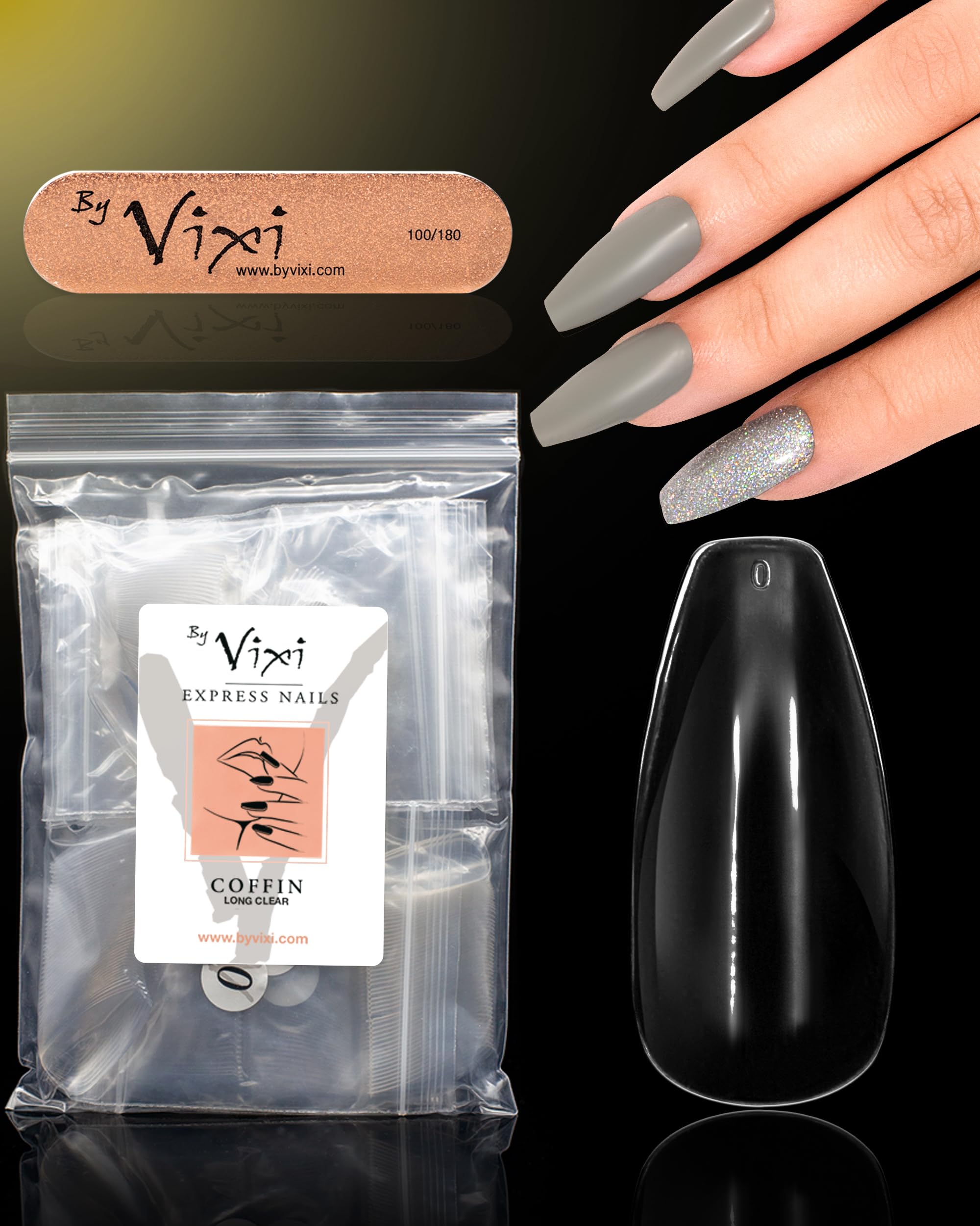 500 Long Coffin Press On Nails Set with By Vixi Prep File – Clear Full Cover False Nails, Stick On Fake Nail Tips, 10 Sizes, Acrylic Nail Extensions for Gel Polish & Nail Art