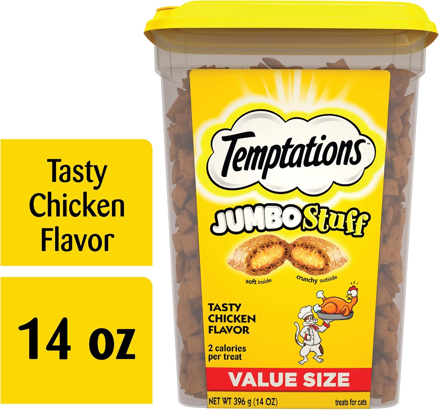 TEMPTATIONS Jumbo Stuff Crunchy and Soft Cat Treats, Tasty Chicken Flavor, 14 oz. Tub : Pet Supplies