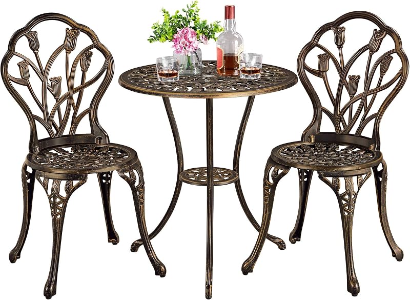 Yaheetech 3 Piece Patio Bistro Set, Round Aluminum Table & 2 Chairs