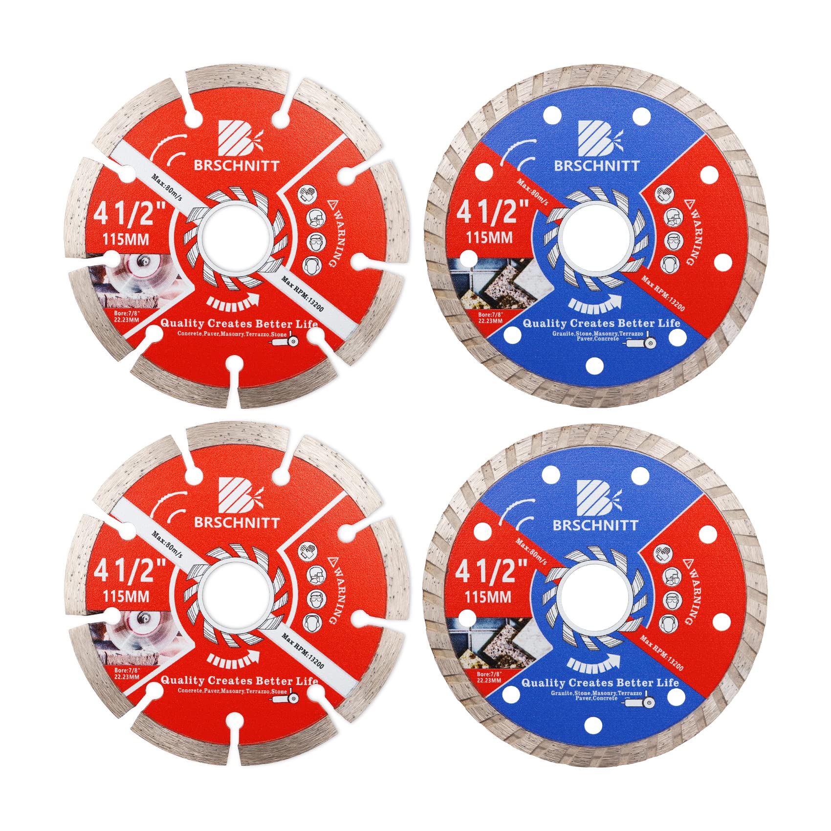 BRSCHNITT Diamond Disc Set,115mm Arbor 22.23mm - 16mm for Granite,Stone,Masonry,Terrazzo,Paver,Concrete,Pack of 4 Dry/Wet Diamond Circular Cutting Disc Cutter
