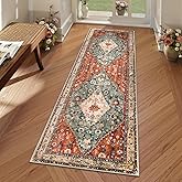 Lahome Boho Tribal 2x6 Washable Runners for Hallways Non Slip, Bohemian Kitchen Mats for Floor, Vintage Low-Pile Bathroom Entryway Carpet Runner for Laundry Living Bedroom (Rust/Dull Teal,2x6ft)