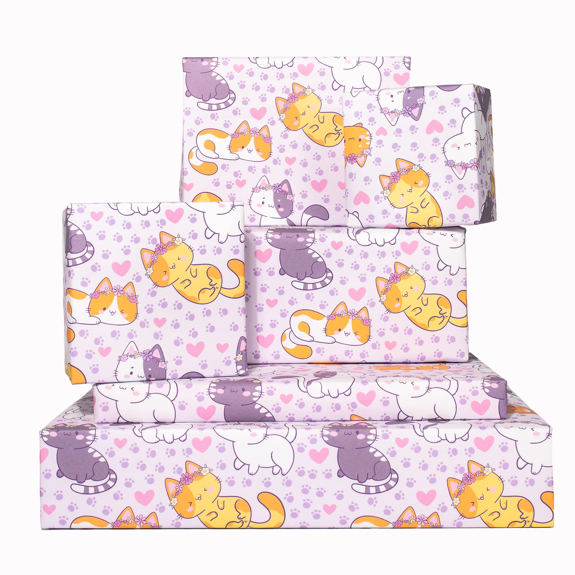 Central 23 - Birthday Wrapping Paper - Purple Gift Wrap Sheets - Cats and Hearts - 6 GiftWrap Sheets for Women Girls Female Teenage Kids