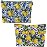 MQBMQB 2pcs Lemon Cosmetic Bags for Women, Italy Pattern Design Aesthetics Makeup Bag, Christmas Birthday Gifts for Women Girls Mom Friend Lemon Lover Zipper Bags Travel Pouch for Sister Bestie