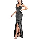 VFSHOW Womens Glitter Sweetheart V Neck Twist Front Backless Ruched Ruffle Slit Formal Evening Gown Maxi Dress