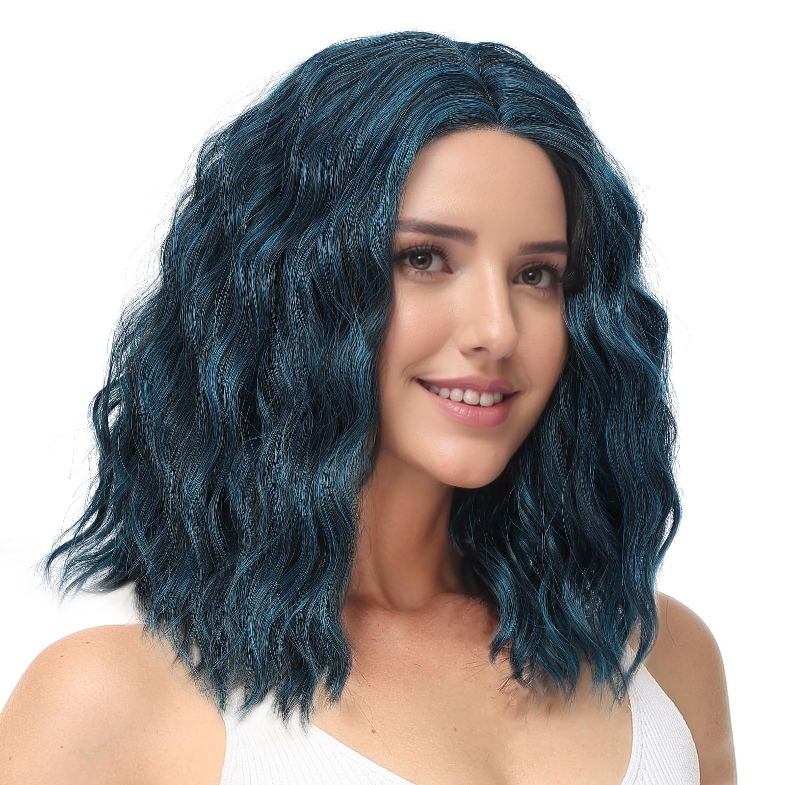 BUYOGET Medium Short Wig Wavy Bob Wig Realistic Natural Lace Front Scalp Adjustable Synthetic Shoulder Length Curly Wigs for Women Blue — image 1