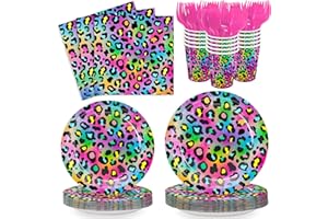 XIENBLOC 120pcs Neon Rainbow Leopard Birthday Party Supplies Plates Napkins Cheetah Girl's Sparkly Splatter Paper Tableware Set Disposable Cups Pink Forks 24 Guests