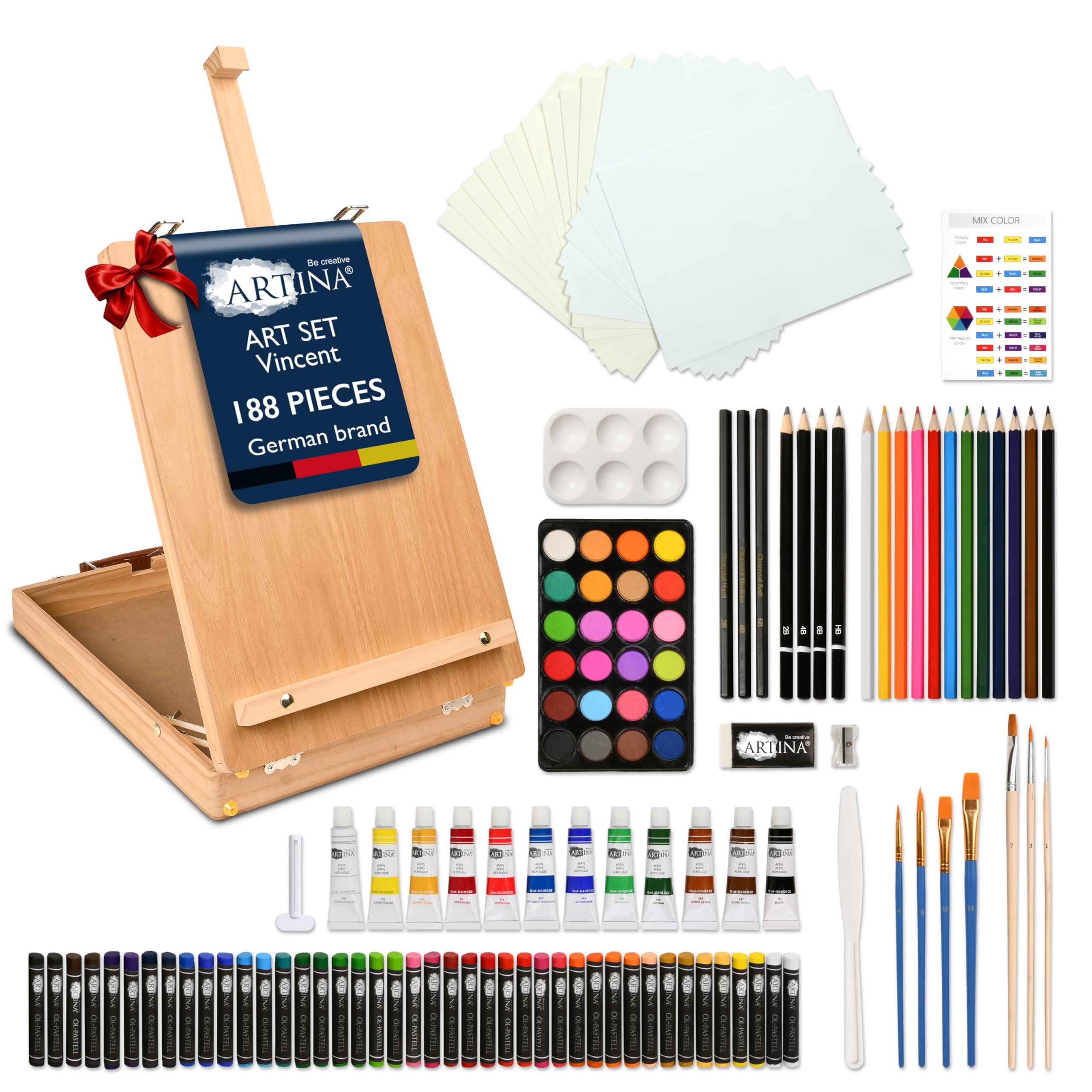 Artina 188pcs Painting Set Kit Table Easel – XXL Wooden Artist Easel Box FSC® with Acrylic Paints Oil Pastels Watercolours Paint Brushes – Christmas Art Sets for Kids, Adults & Beginners – Vincent