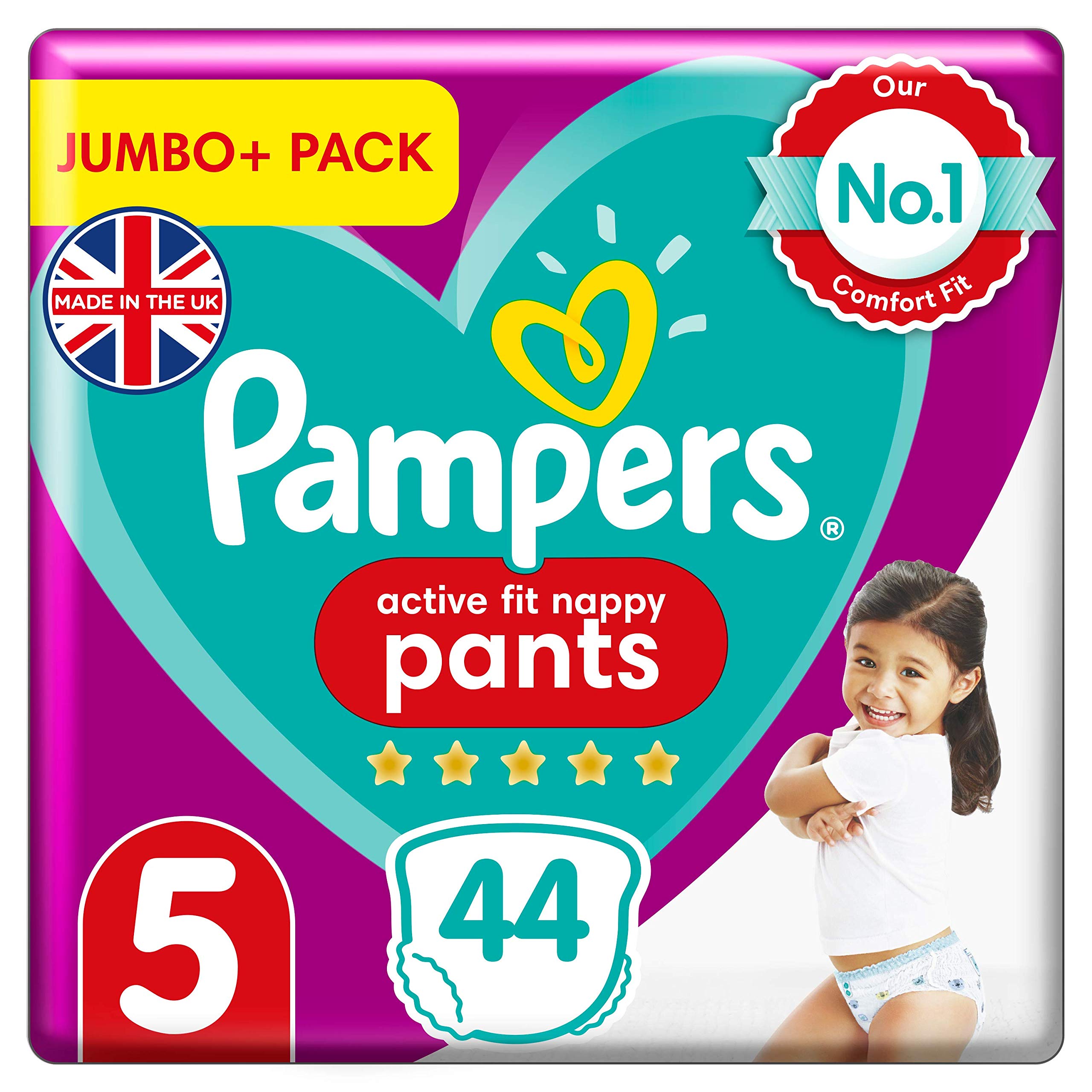 Pampers Baby Nappy Pants Size 5 (12-17 kg / 27-38 lbs), Active Fit, 44 Count, Jumbo+ Pack