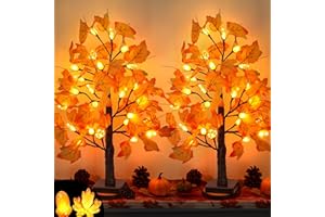 GRASTFU 2 Pack 24 Inch Prelit Fall Maple Tree Fall Thanksgiving Decorations with 48 LEDs Battery Operated Timer Lighted Acorn Maple Artificial Tabletop Light Up Tree for Home Indoor Thanksgiving Table Decor