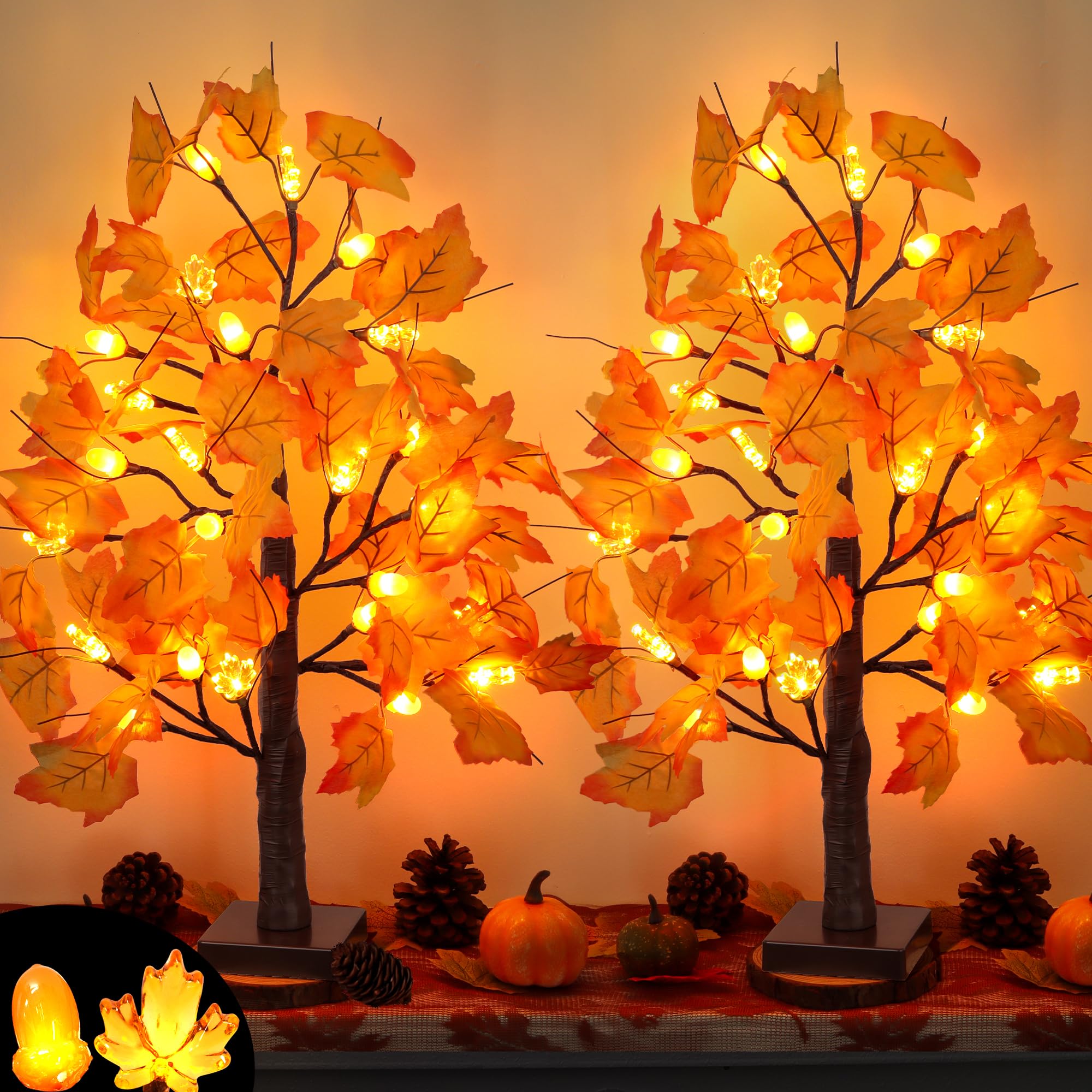 Photo 1 of ***MISSING 1 TREE BASE*** 2 Pack 24 Inch Prelit Fall Maple Tree Fall Thanksgiving Decorations with 48 LEDs Battery Operated Timer Lighted Acorn Maple Artificial Tabletop Light Up Tree for Home Indoor Thanksgiving Table Decor
