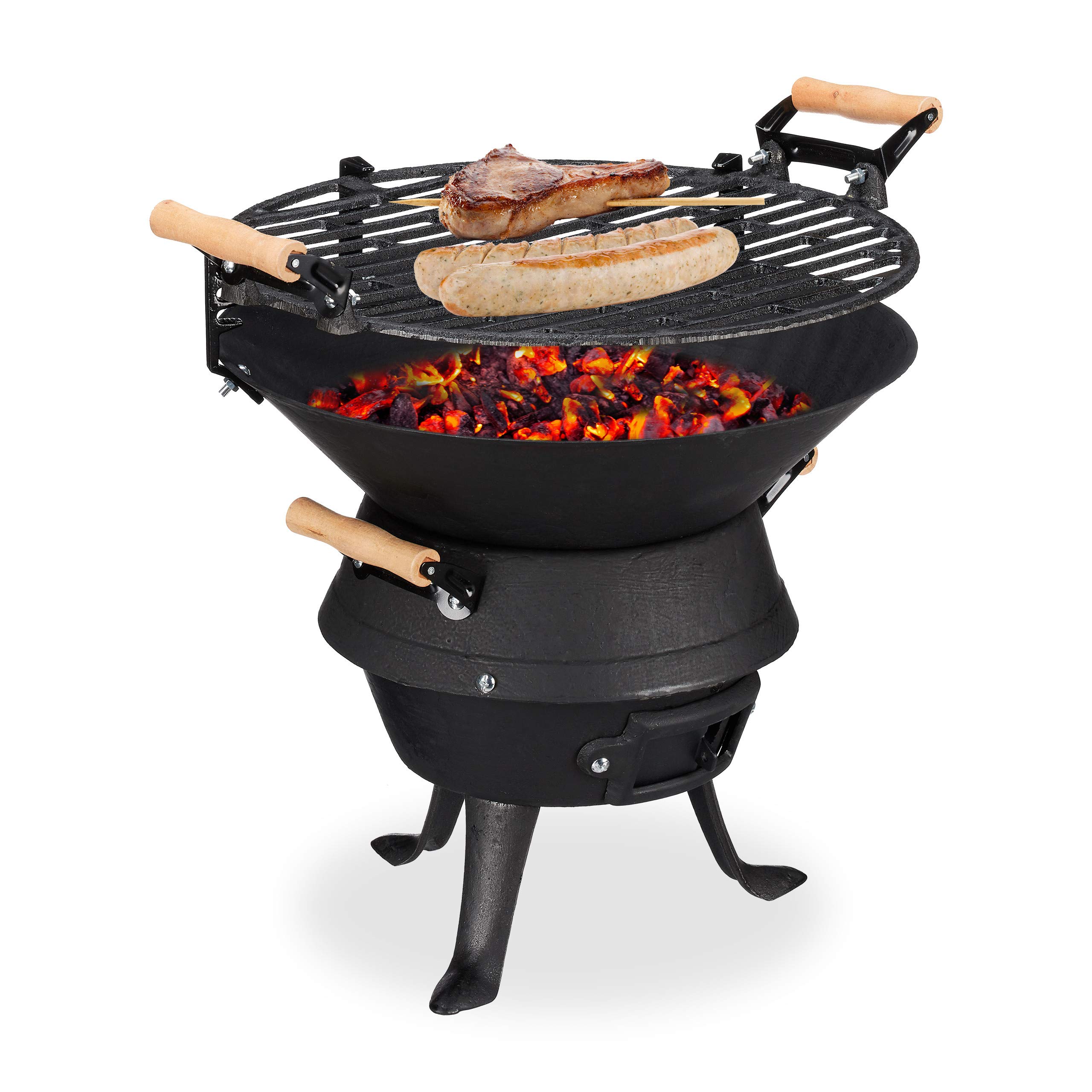 Relaxdays Cast Iron BBQ, Height Adjustable Cooking Grate, Air Vent, Wood Burning Barbecue, HWD 40x45x36 cm, Black
