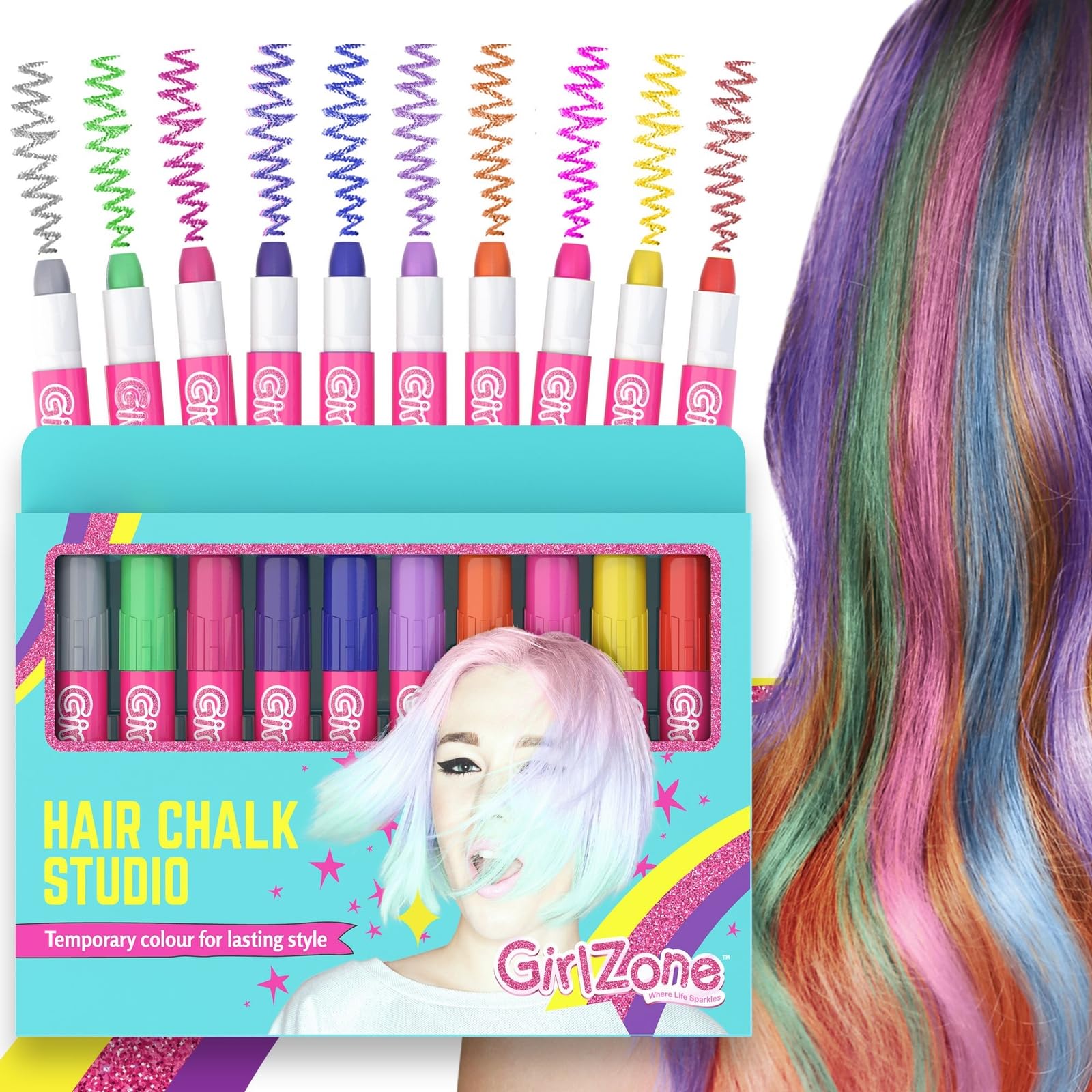 GirlZone Hair Chalks Set, 10-Piece Temporary Chalk Pens Kit, Easy to Apply and Remove Girls Hair Colour for Kids Dress Up Parties and Role Play, Gift-Ready Kids Hair Dye and Toys for Girls