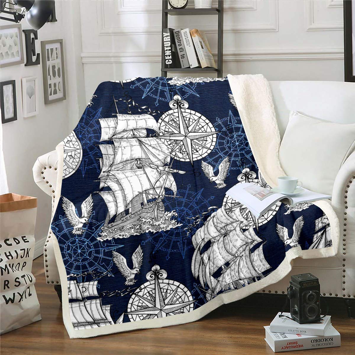 Loussiesd Nautical Theme Fleece Throw Blanket 3D Sailboat Compass Print Sherpa Blanket for Bed Couch Living Room Ocean Wave Plush Fuzzy Double 60"x79"
