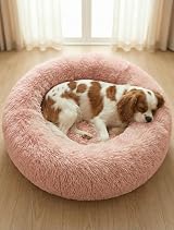 OKPOW Donut Dog Bed 60cm Calming Calming Anti Anxiety Non Slip Bottom