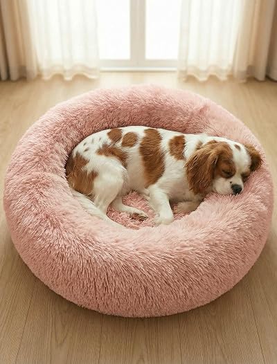 OKPOW Donut Dog Bed 60cm Calming Calming Anti Anxiety Non Slip Bottom