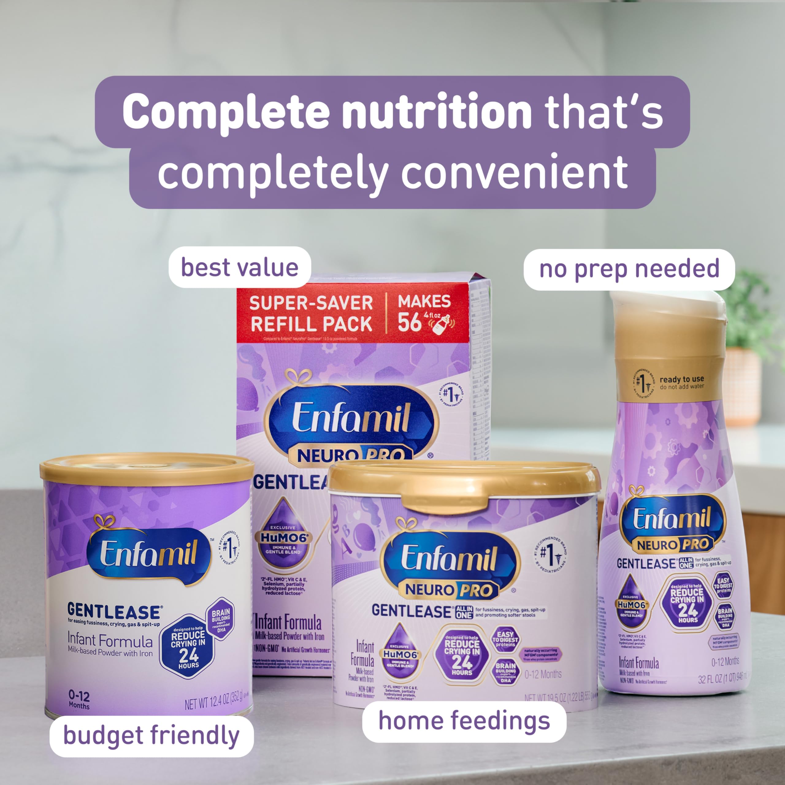 Enfamil NeuroPro Gentlease Baby Formula, Brain Building DHA, HuMO6 Immune Blend, Designed to Reduce Fussiness, Crying, Gas & Spit-up in 24 Hrs, Ready-to-Feed Infant Formula, Liquid, 32 Fl Oz (6 Count)