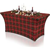 Tegeme 1 Pack Christmas Stretch Table Cover 6FT Plaid Tablecloth, Plaid | Fitted Christmas Spandex Table Cloth,, Wrinkle Resistant, Holiday Party Decorations for Xmas Dinner Gathering Party Supplies