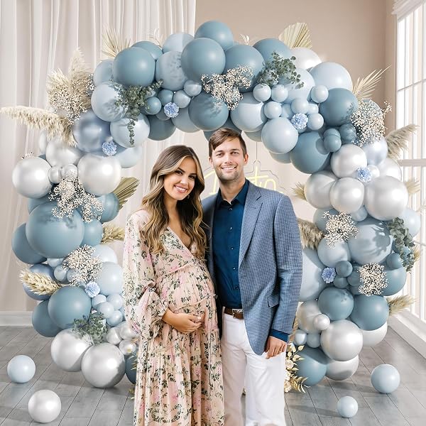 130PCS DUSTY BLUE BALLOON ARCH KIT, DUSTY LIGHT BLUE PEARL WHITE BALLOONS FOR BABY SHOWER BRIDAL SHOWER WEDDING BIRTHDAY PARTY DECORATIONS
