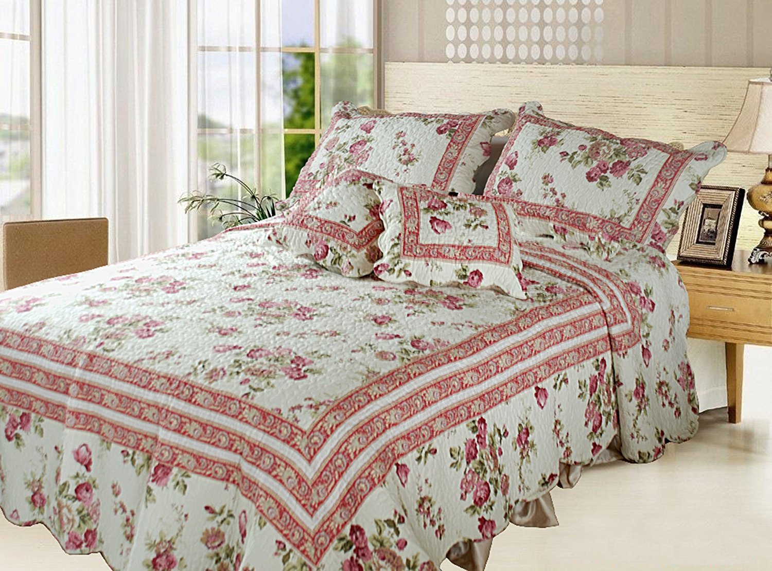 DaDa Bedding French Country Bedspread Set Cottage Floral Roses Quilted Coverlet