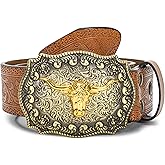 YCMI Western Cowboy Belts for Men Women - Bull Buckle Vintage Floral Engraved Belt for 28" to 40" waist