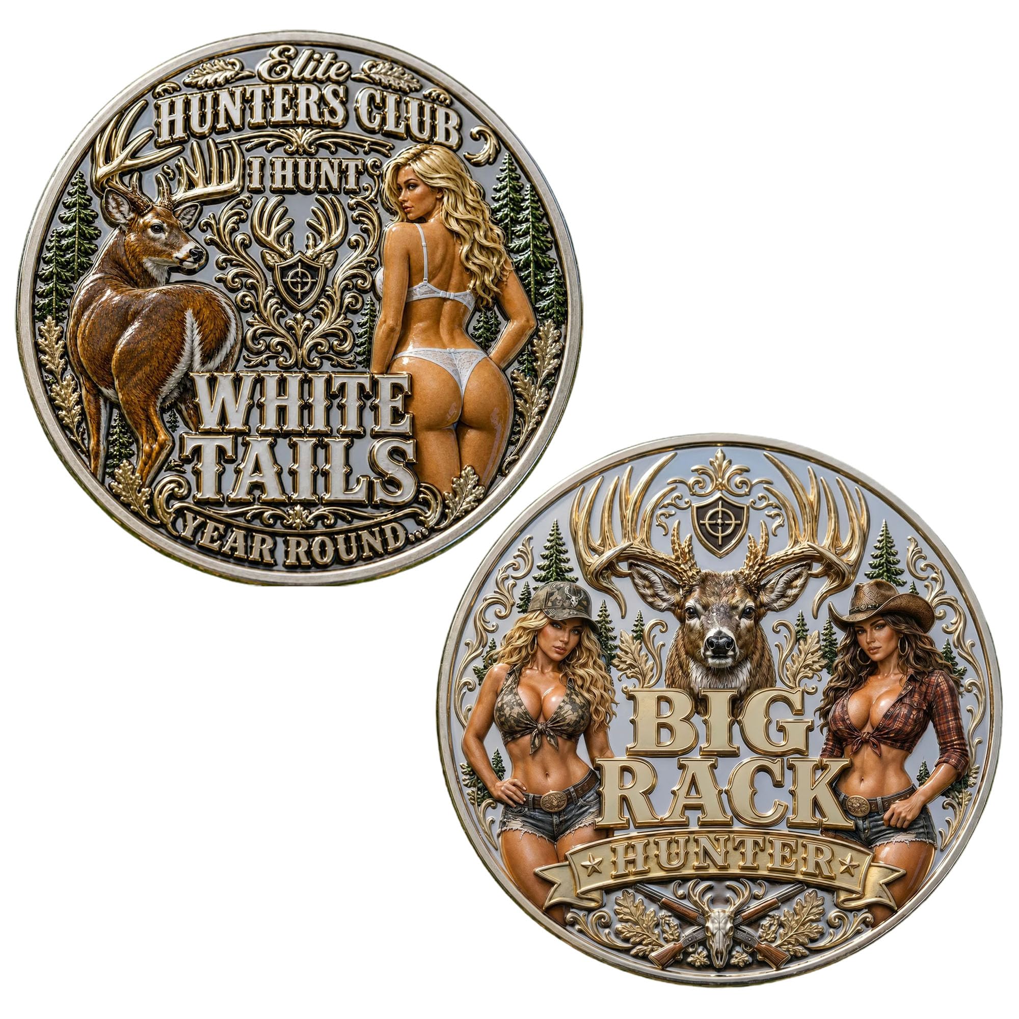 Elite Hunters Club “White Tails” Coin,Funny Hunting Commemorative Coin,1pc | “I Hunt White Tails Year Round” & “Big Rack Hunt