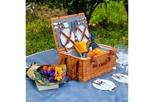 Rorland Rustic Wicker Picnic Basket Set for 4 | Large Willow Hamper with Insulated Cooler Compartment, Waterproof Blanket, and Cutlery Service Kit, Ideal for Anniversary, Wedding or Birthday Gift