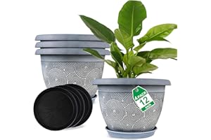 FODETYFF 12 Inch Large Planter Pot for Plants Indoor Outdoor, 4 Pack Plastic Flower Pots with Drainage Hole & Tray, Modern Decorative Garden Pot with Saucer, Plant Container for House