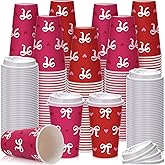 FoldTier 60 Pcs Valentines Day Disposable Coffee Cups with Lids 16 oz Galentines Paper Beverage Cups Red Pink Bow Heart Coffee Hot Chocolate Tea Container Bar Essentials for Valentine Party Supplies