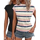 INNOVATOP 2Pack Womens Fall Cap Sleeve Tops Business Casual Crewneck Ruched T Shirts Trendy Outfits Beach Vacation Clothes